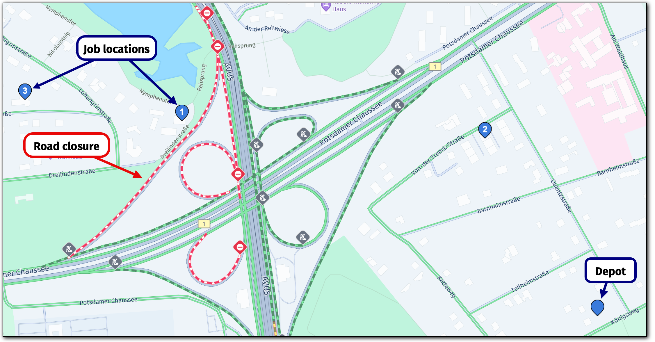 The area of job locations that is  affected with road closures