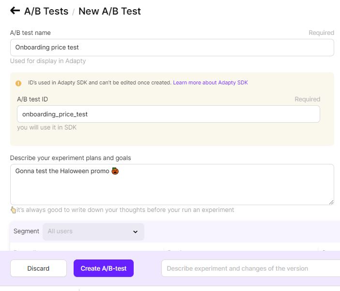 The new A/B test screen