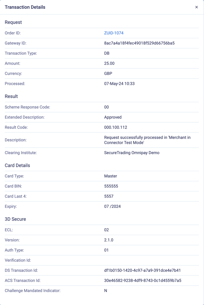 3DS details display in the transaction details for an initial payment