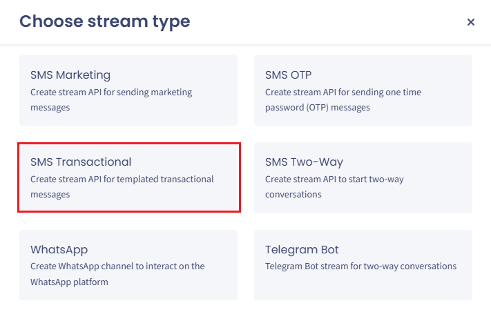 Screenshot of the stream type options: **Transactional**