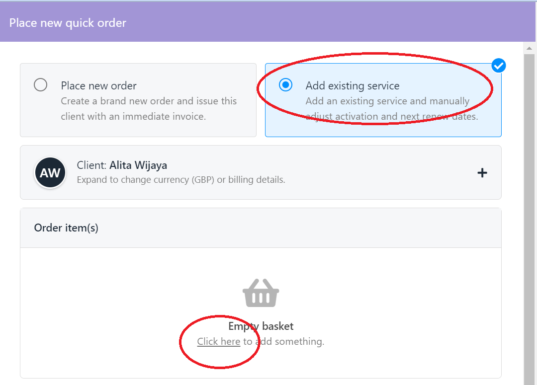 Select Add existing service > click here under Empty Basket