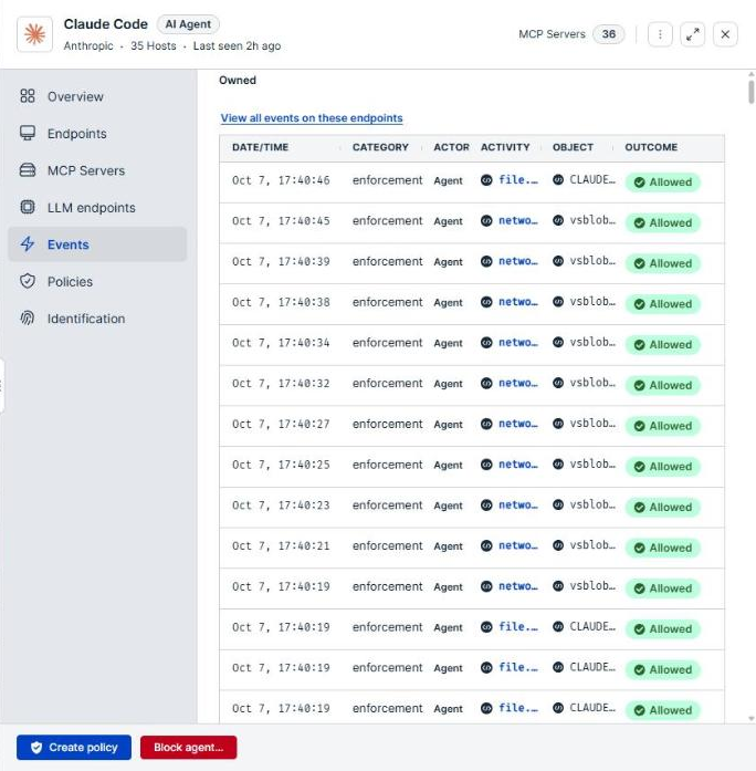 The Events tab of an agent details panel, listing recent events with their time, category, actor, activity, object, and outcome