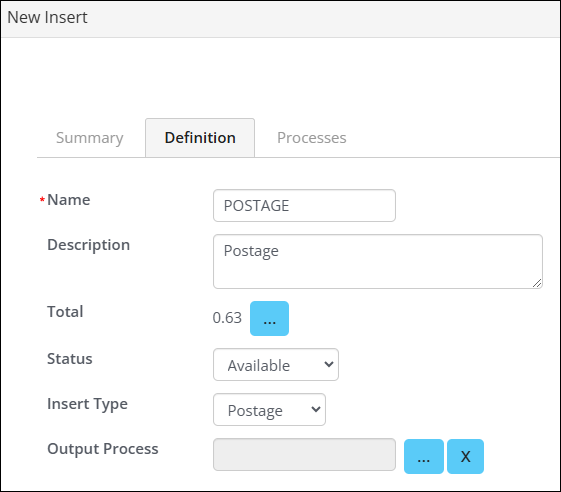 The Definition tab of the new insert contains the details listed in step 16.