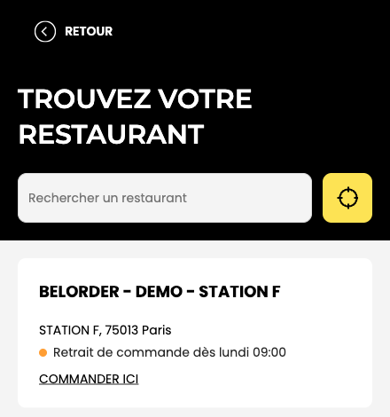 Page Trouvez votre restaurant du site de commande : champ de recherche, carte et fiche résumée d'un restaurant avec son adresse et son statut d'ouverture