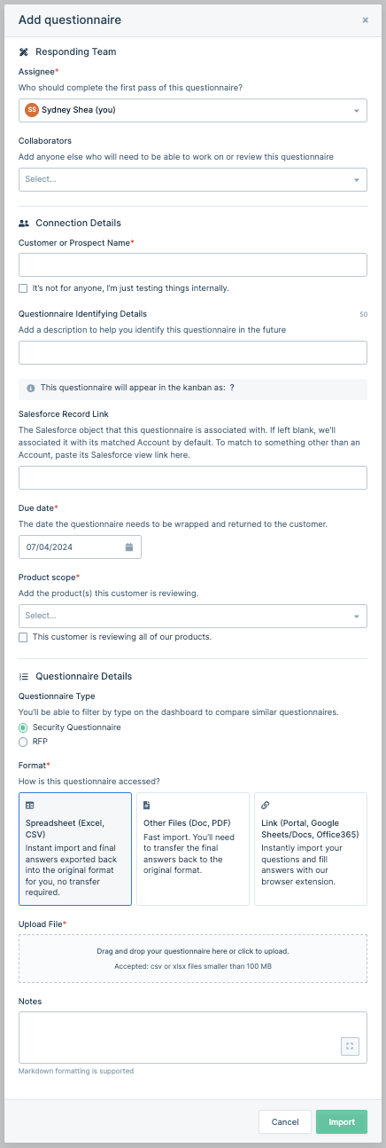 The "Add Questionnaire" modal, with all possible fields shown.  You may or may not see some of these fields depending on how you have Conveyor configured.