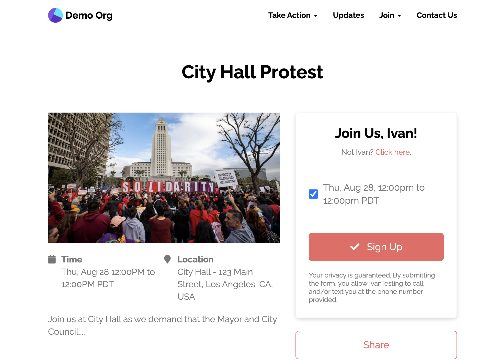 View an [example event page here](https://demo.solidarity.tech/city-hall-protest)