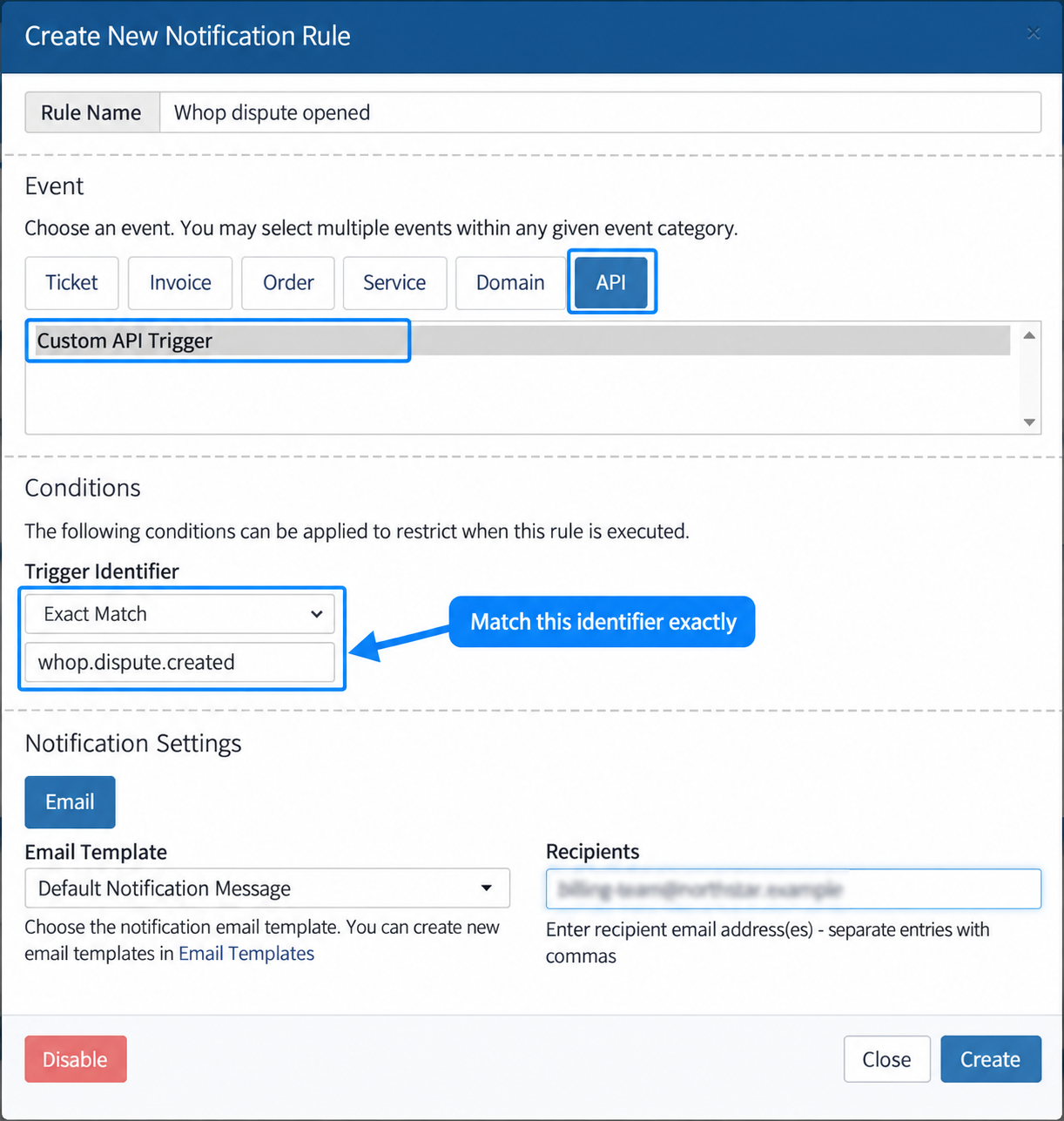 Notifications rule form filled in