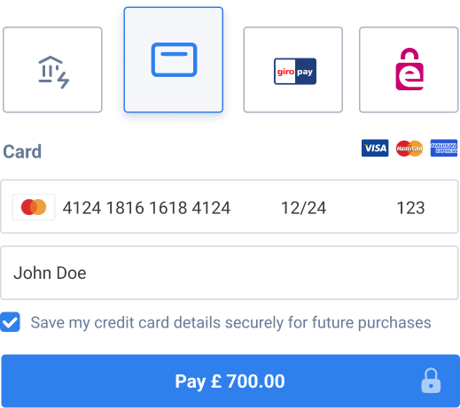 Example: 4 payment methods are available in a single embed, including Cards, Instant bank Transfer, GiroPay and EPS.