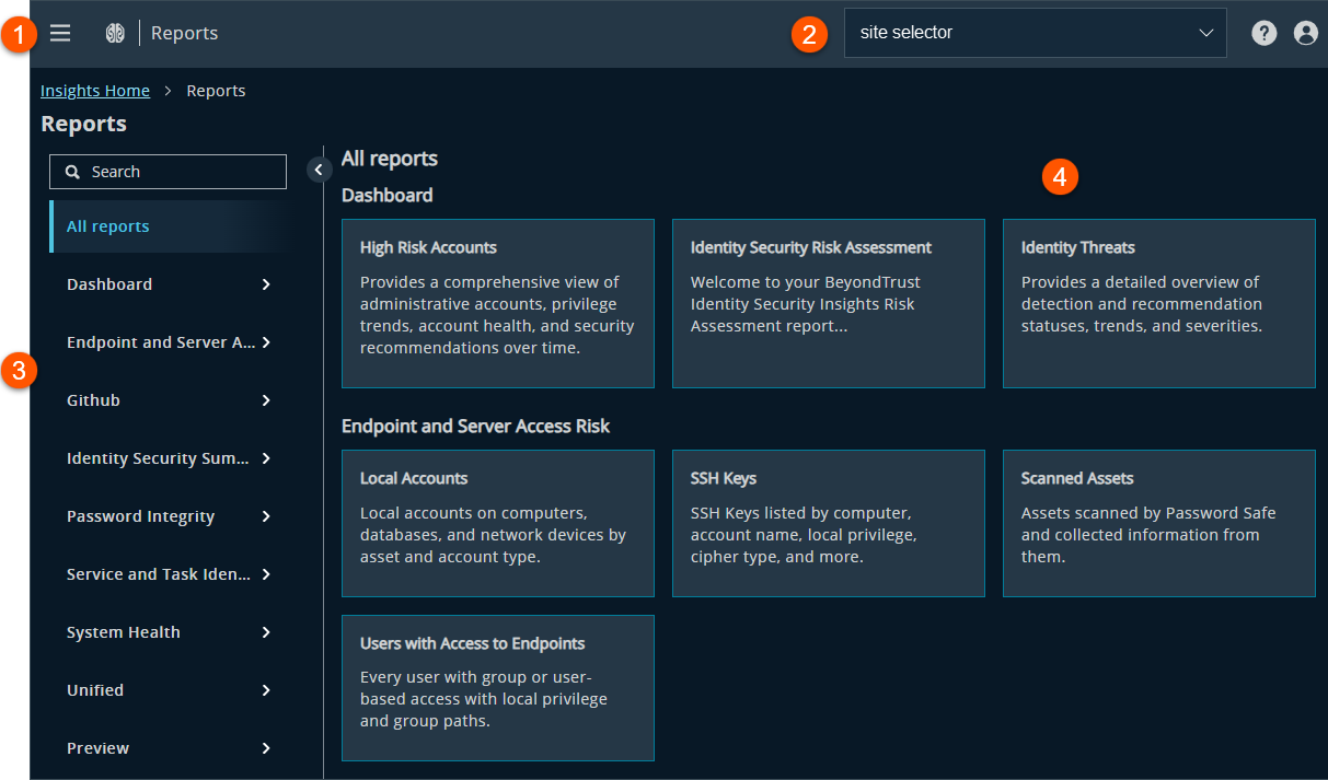 The Reports page in Identity Security Insights.