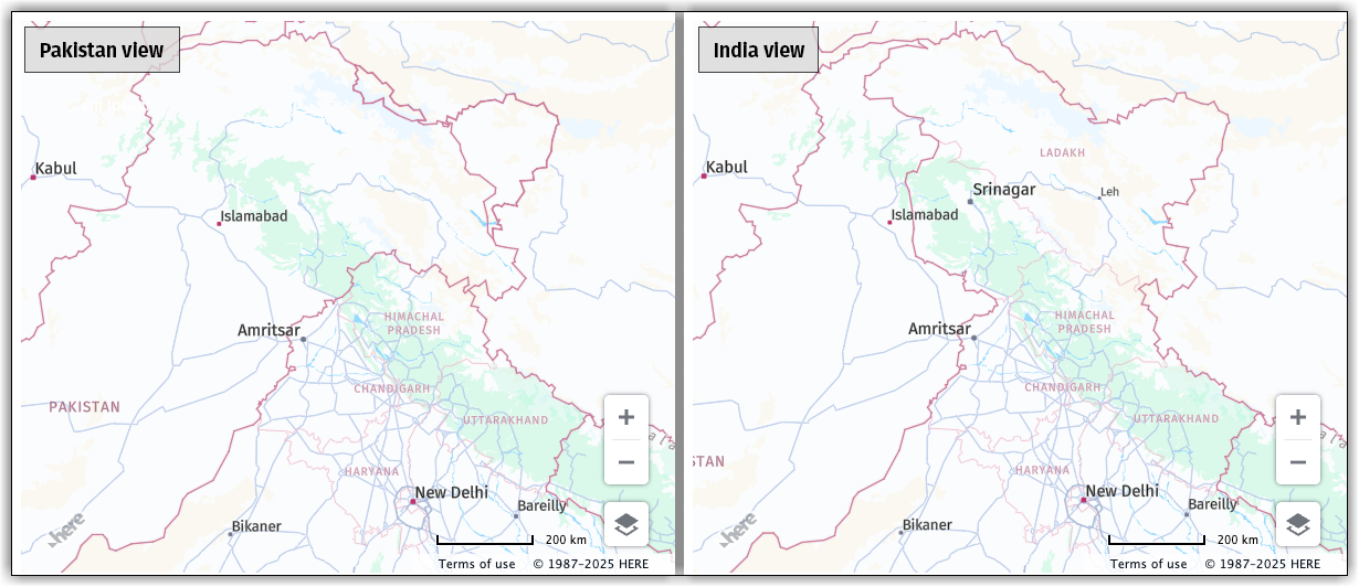 Geopolitical view examples for the Kashmir region
