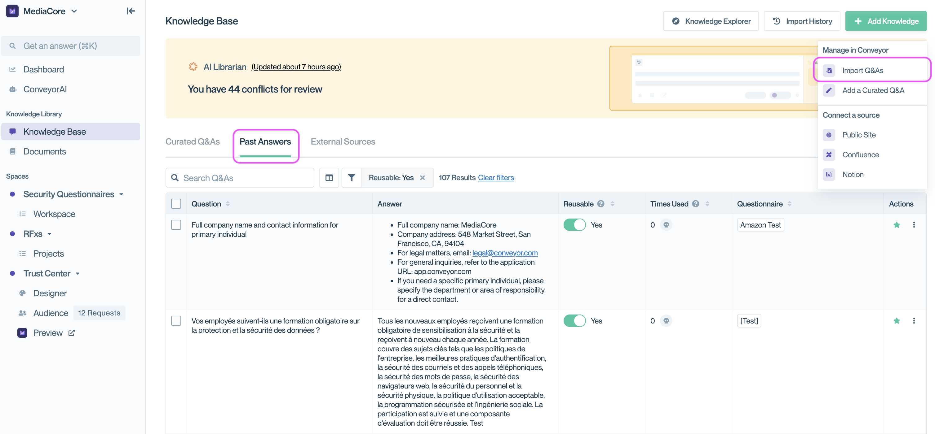 Knowledge Base navigation showing Past Answers tab with list of automatically captured question-answer pairs