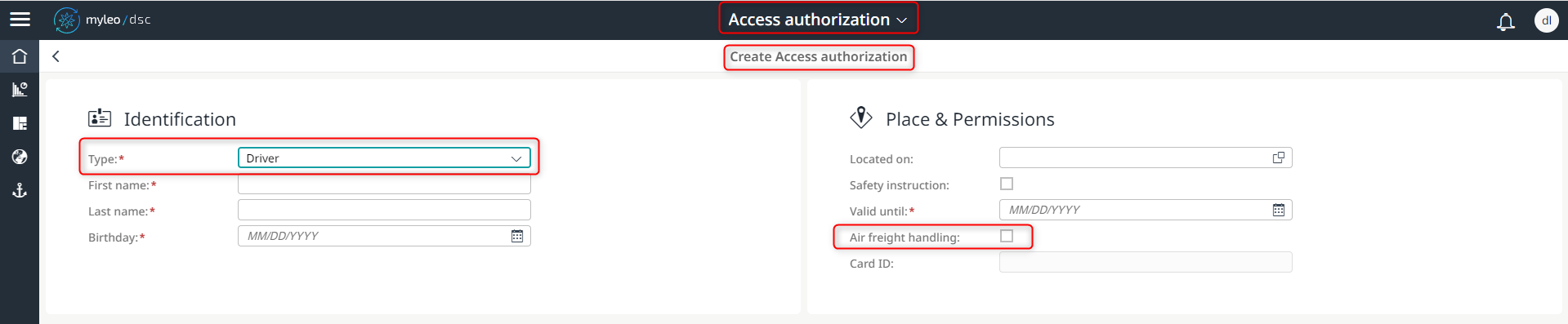 Determine whether a driver is authorised for air freight handling when creating a new system