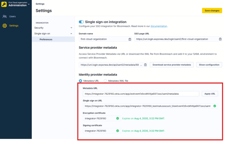 Bloomreach Identity provider metadata configuration with certificate details.