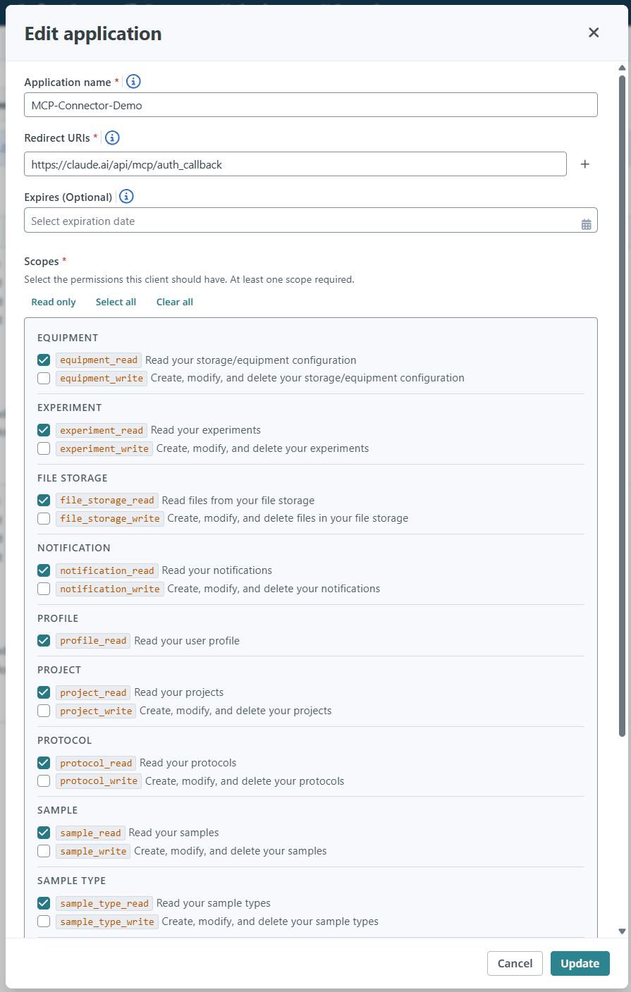 SciSure Research OAuth application configured with the Claude callback URL and read-only scopes