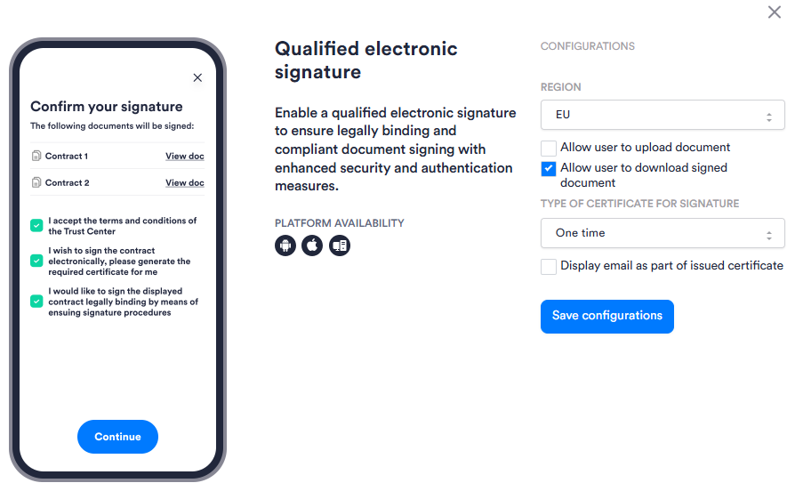 Image of the Qualified Electronic Signature module's configuration panel. Has five configuration options.