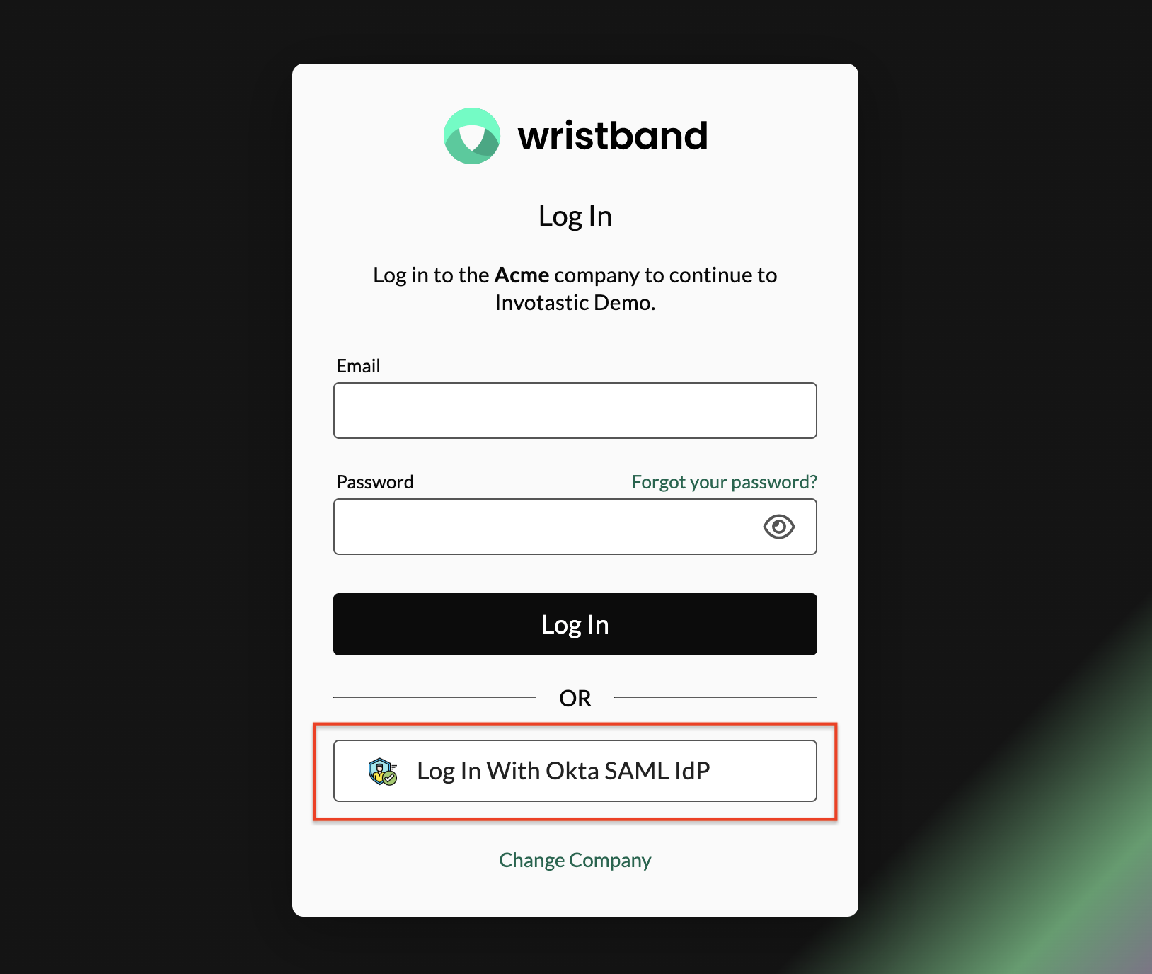 Wristband: Tenant login page showing the custom SAML IdP login button