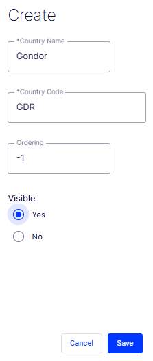 Screenshot of the Create country dialog in Commerce Connect