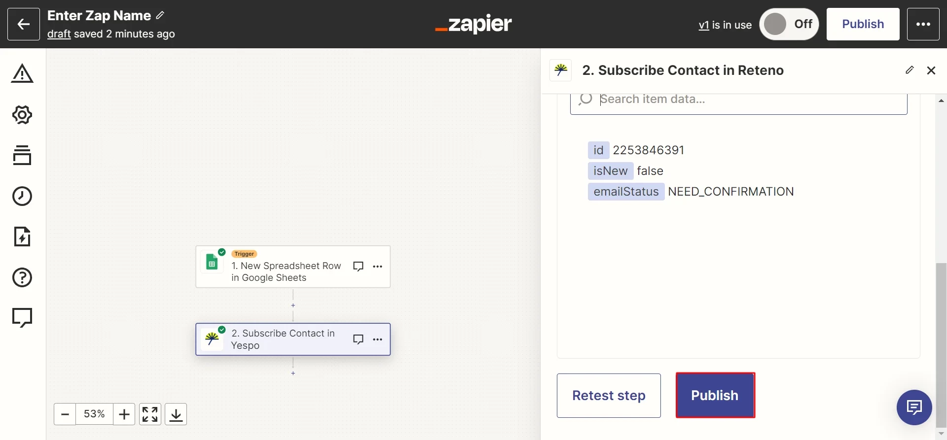 Zapier Zap editor with the Publish button highlighted