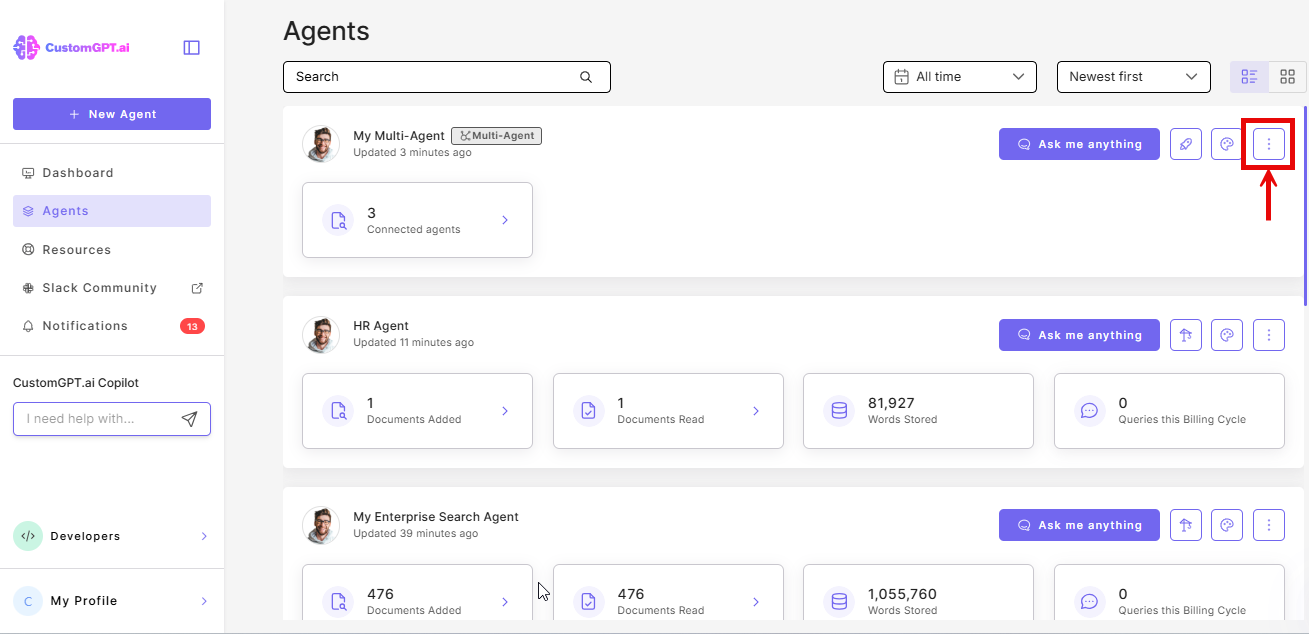 3 vertical dots on the master agent