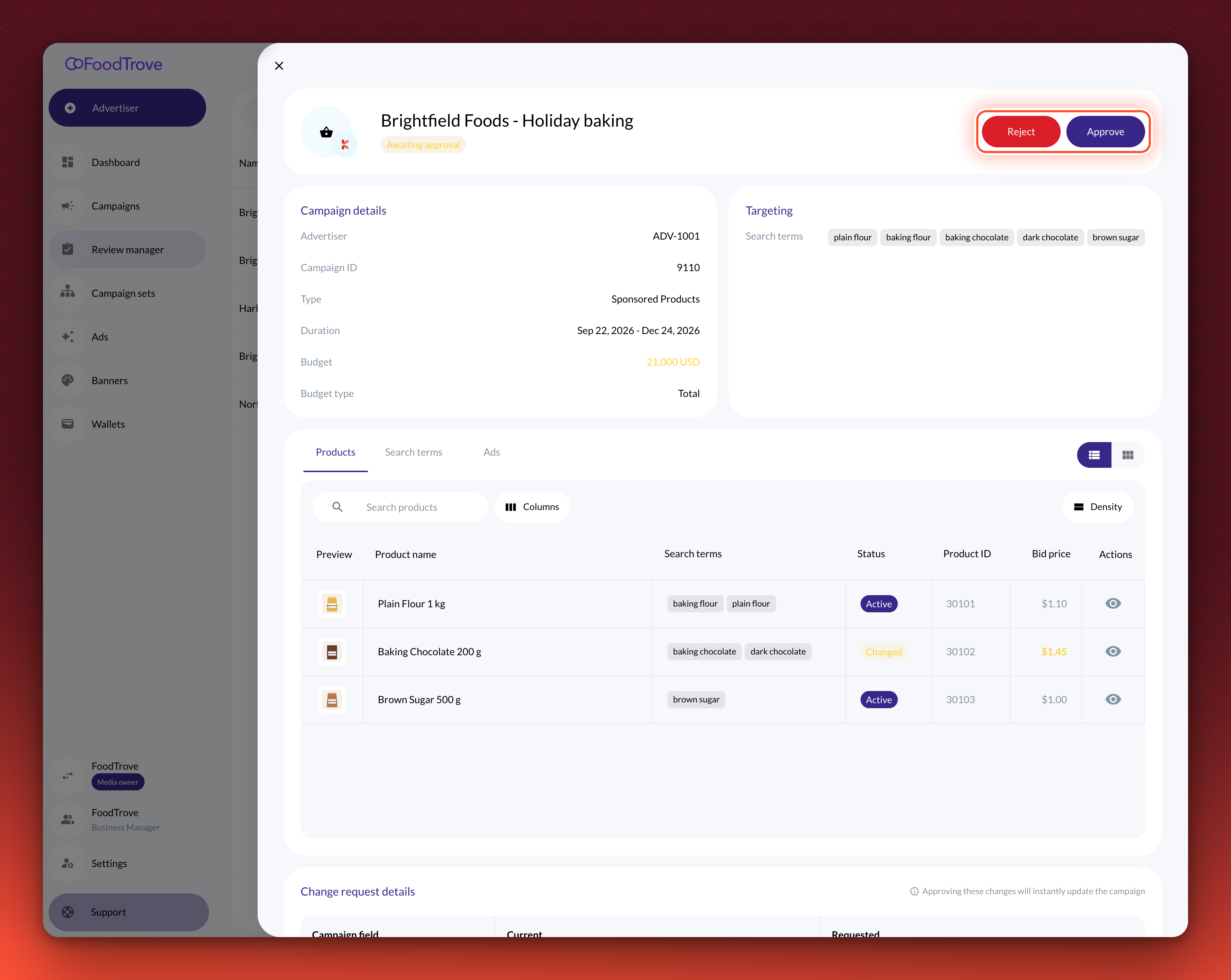 A request panel for an Update. The header shows the campaign title with an Awaiting approval chip and Reject and Approve buttons. Below it are the campaign details and targeting, and the Products tab, where the changed bid price is amber.