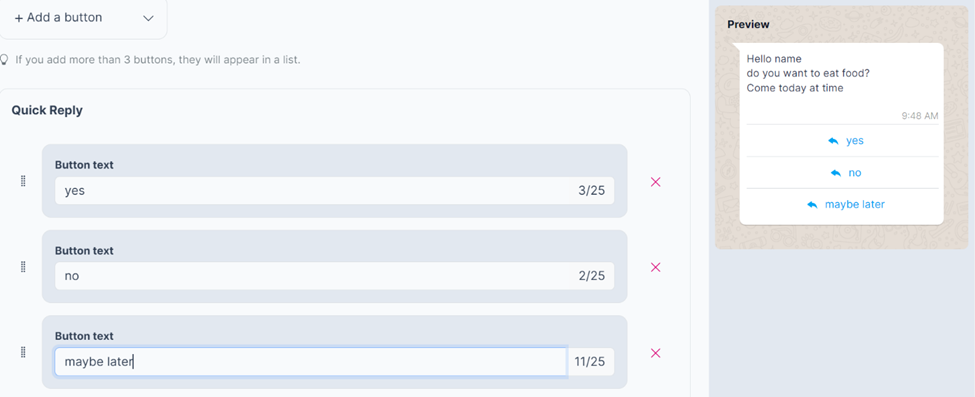 Figure 49: Specifying the quick reply to buttons.