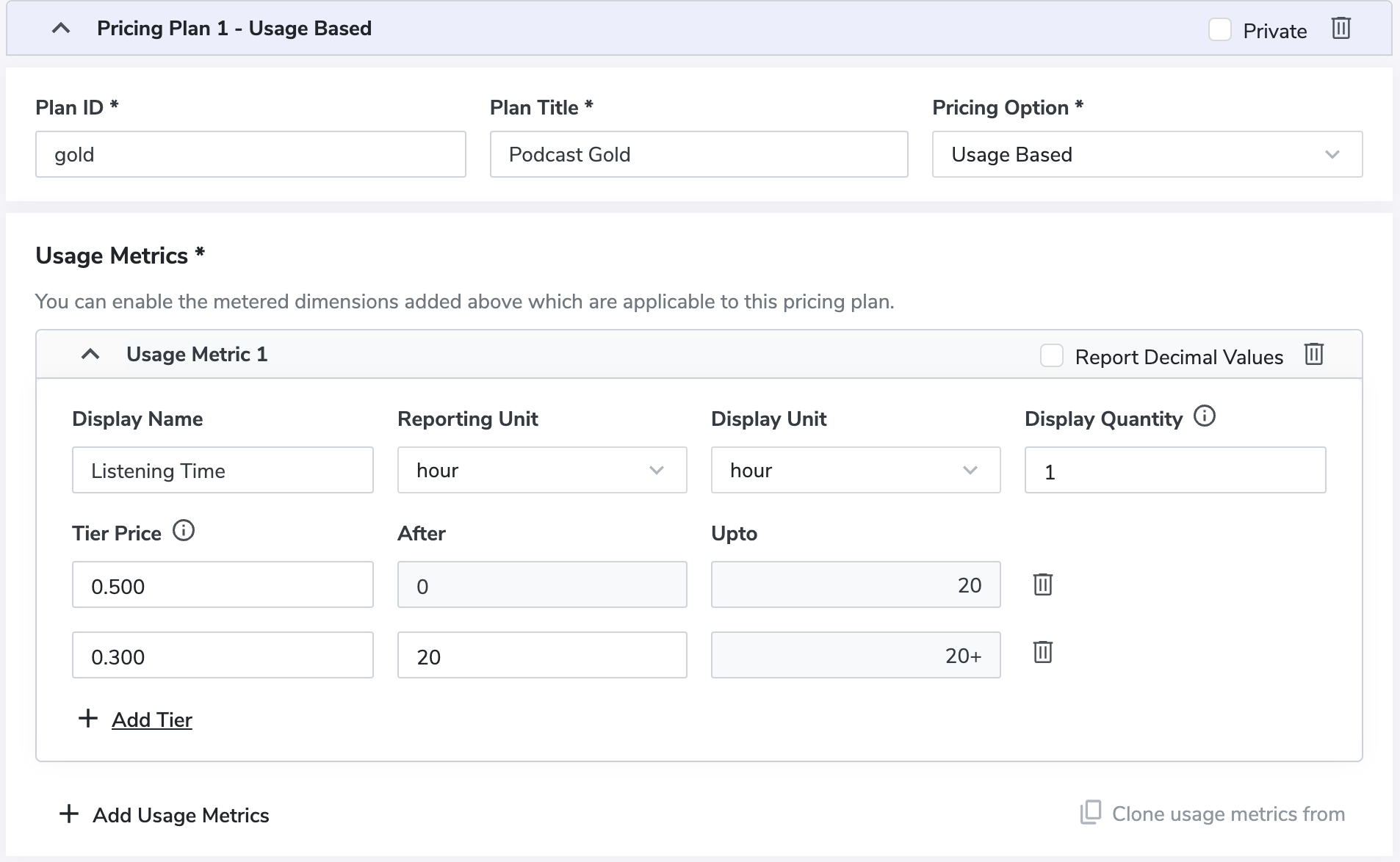 Create a Usage based pricing model having mutiple tiers