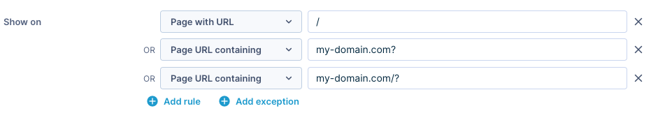 Screenshot of weblayer display conditions to show on homepage only