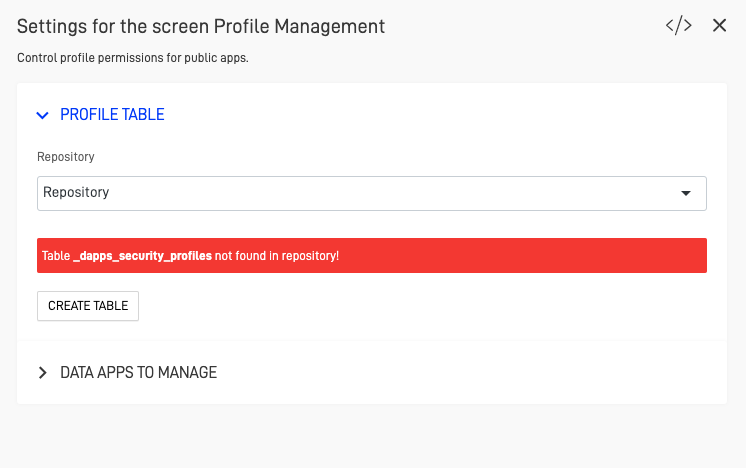 Configure profile table screen with table error