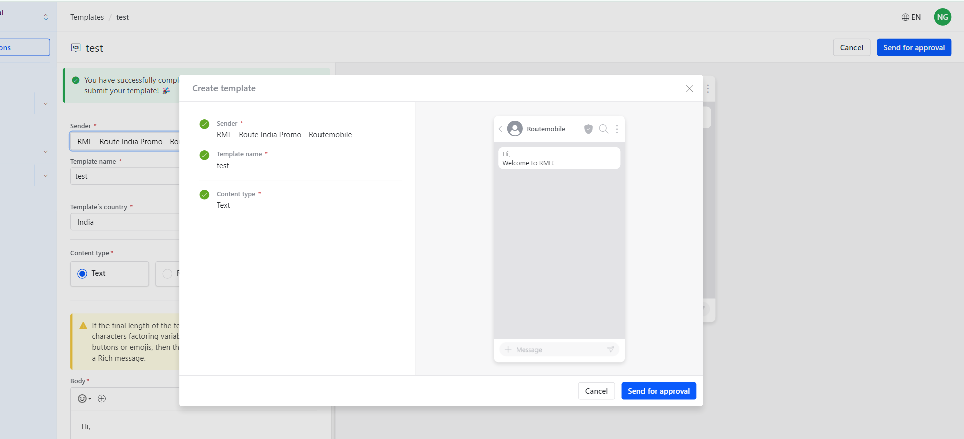 RCS template submission confirmation