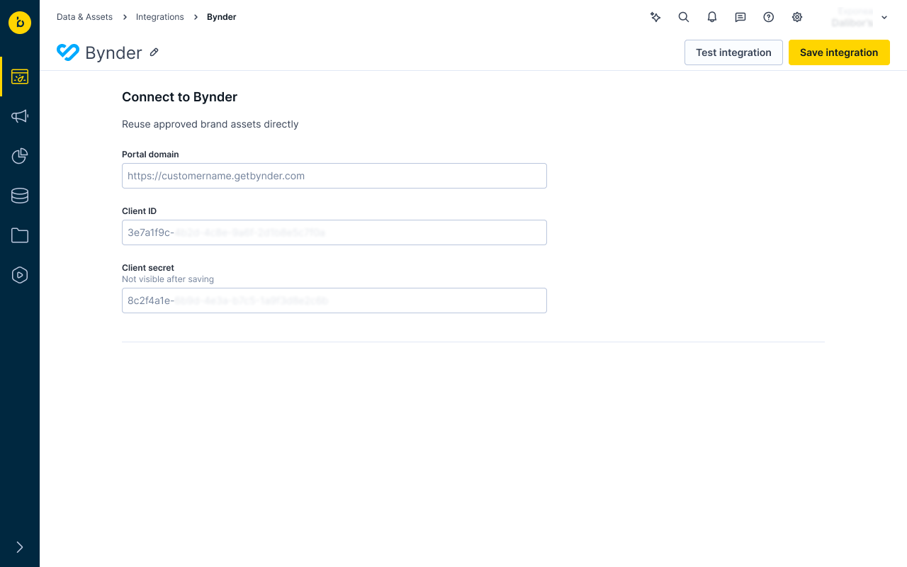 Add new Bynder integration screen with portal domain and credentials