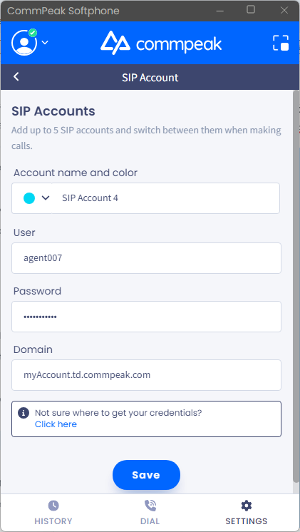 Screenshot of the screen with entering credentials and domain from the Dialer or Cloud PBX