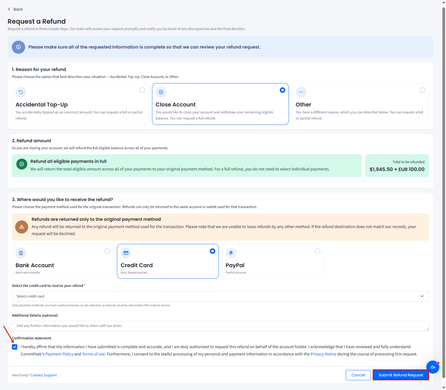 Screenshot of the Confirmation statement section