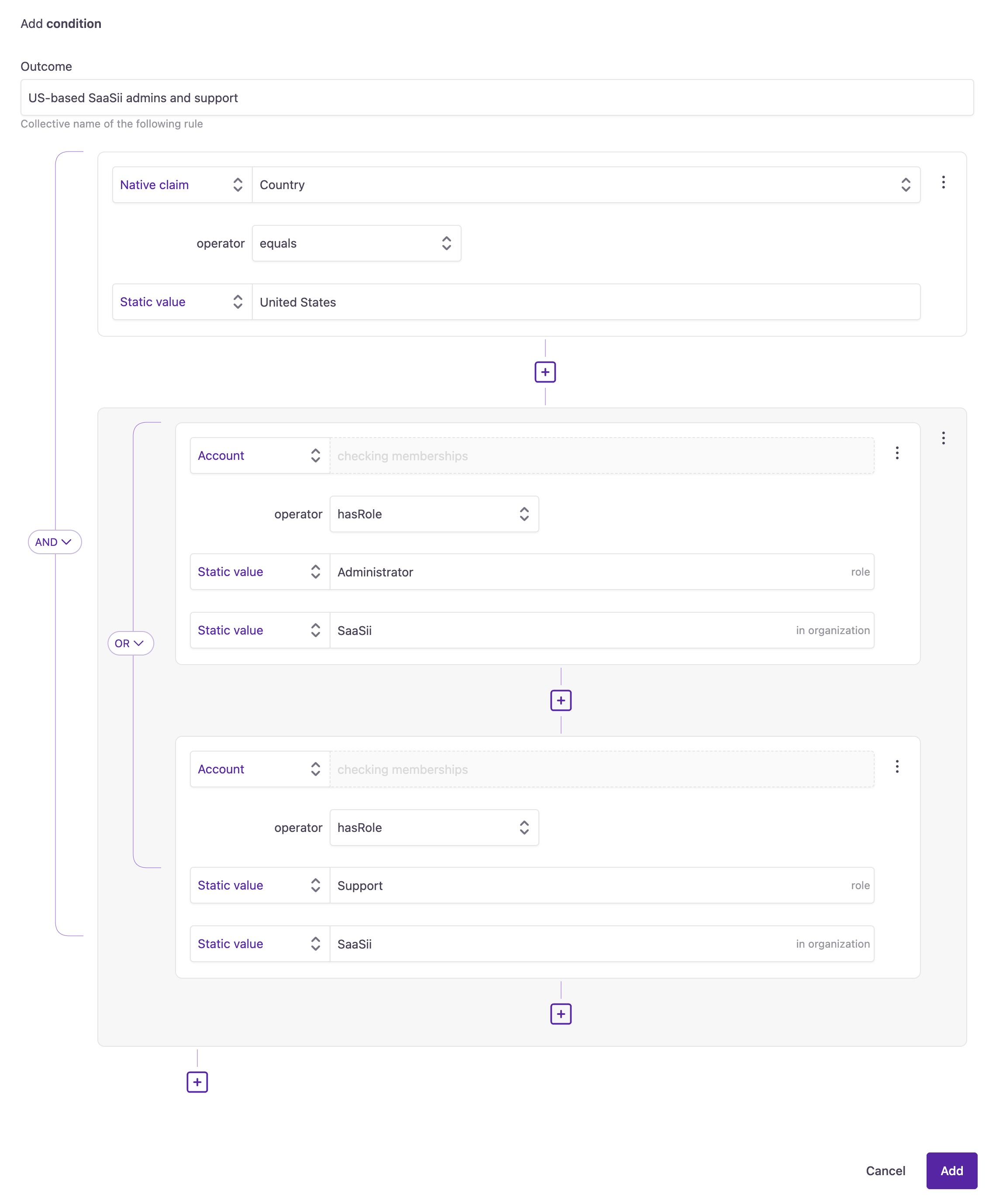 In this example, conditions are combined for US-based admins and support roles within an organization using nested rules and logical operators.