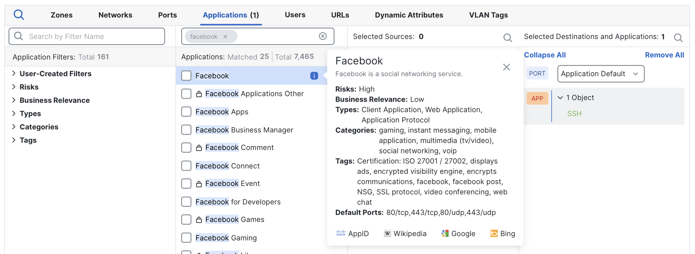 In FMC, we see the panel for Facebook's application details, including its default ports