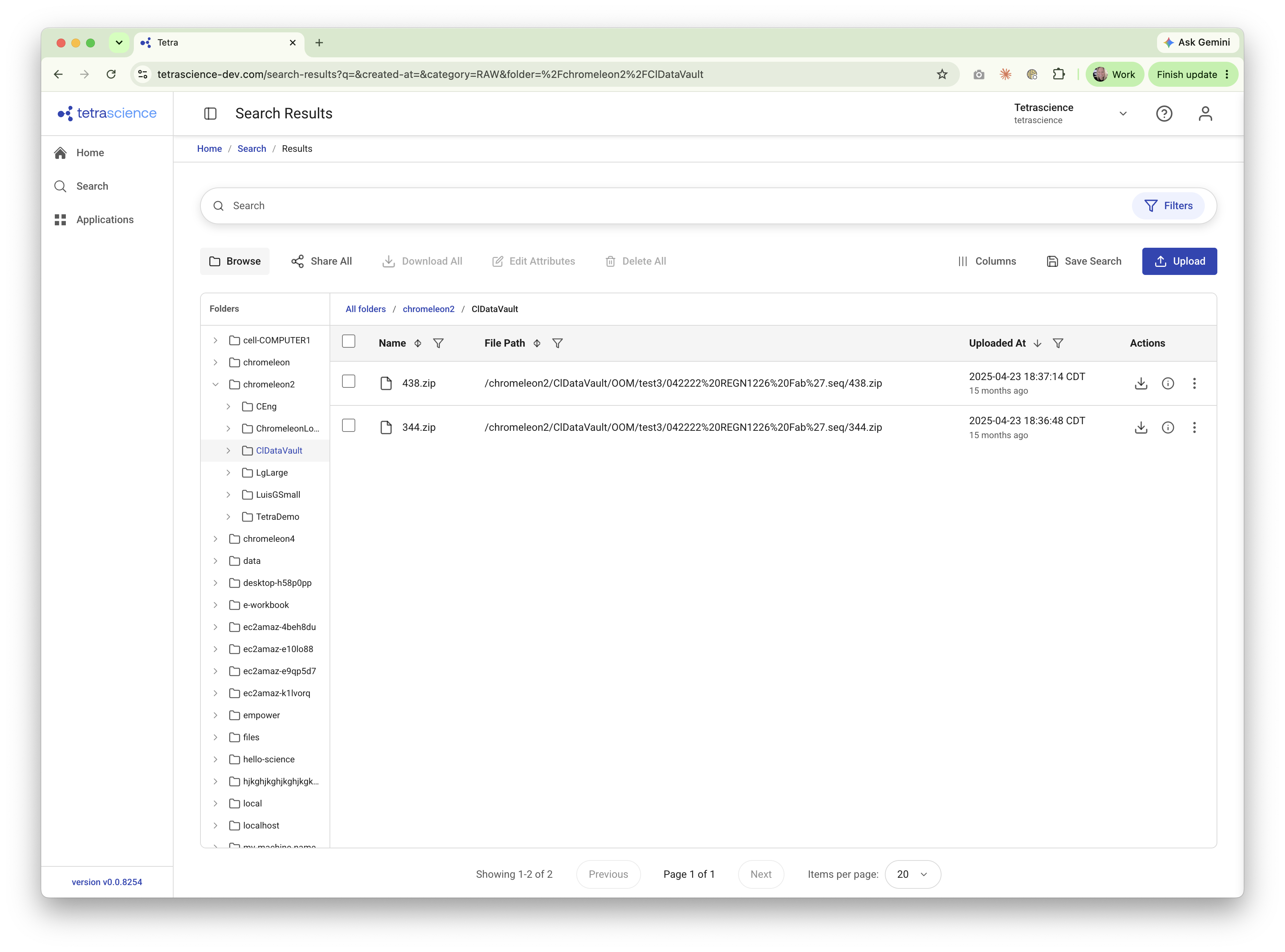 Folder view on the search results page