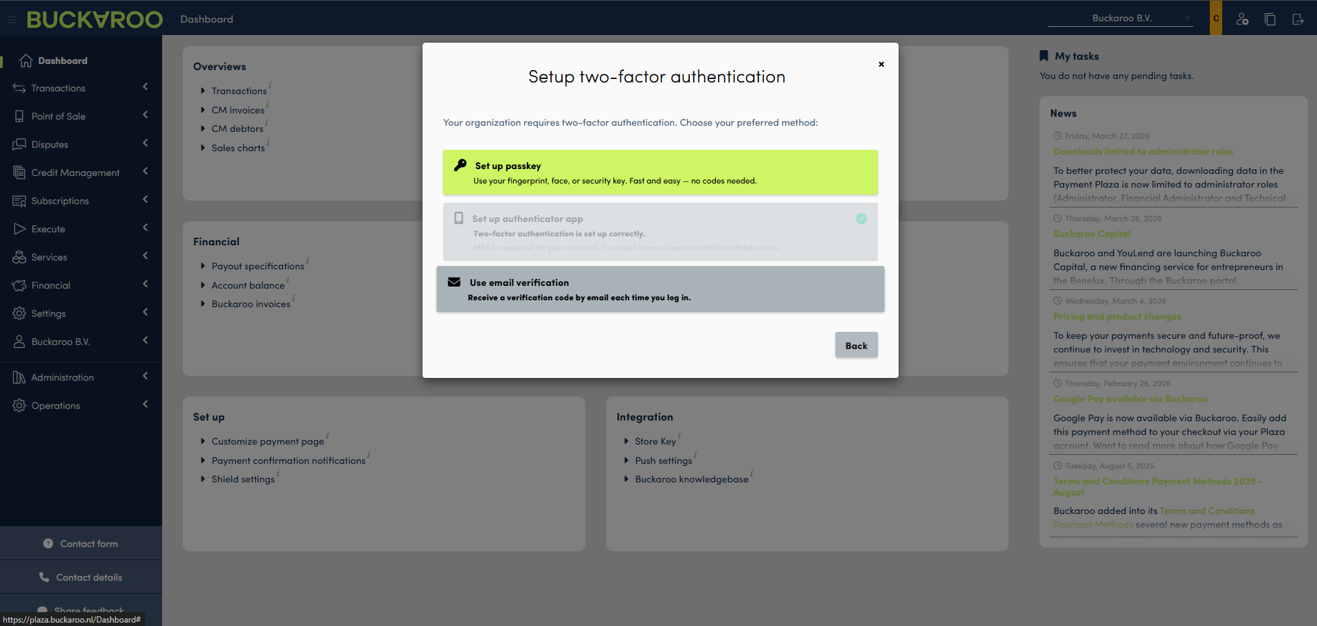 Set up two-factor authentication window showing the email verification option.