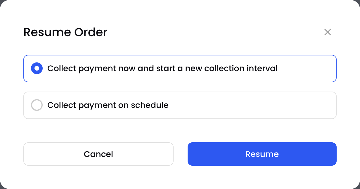 The Resume Order pop-up