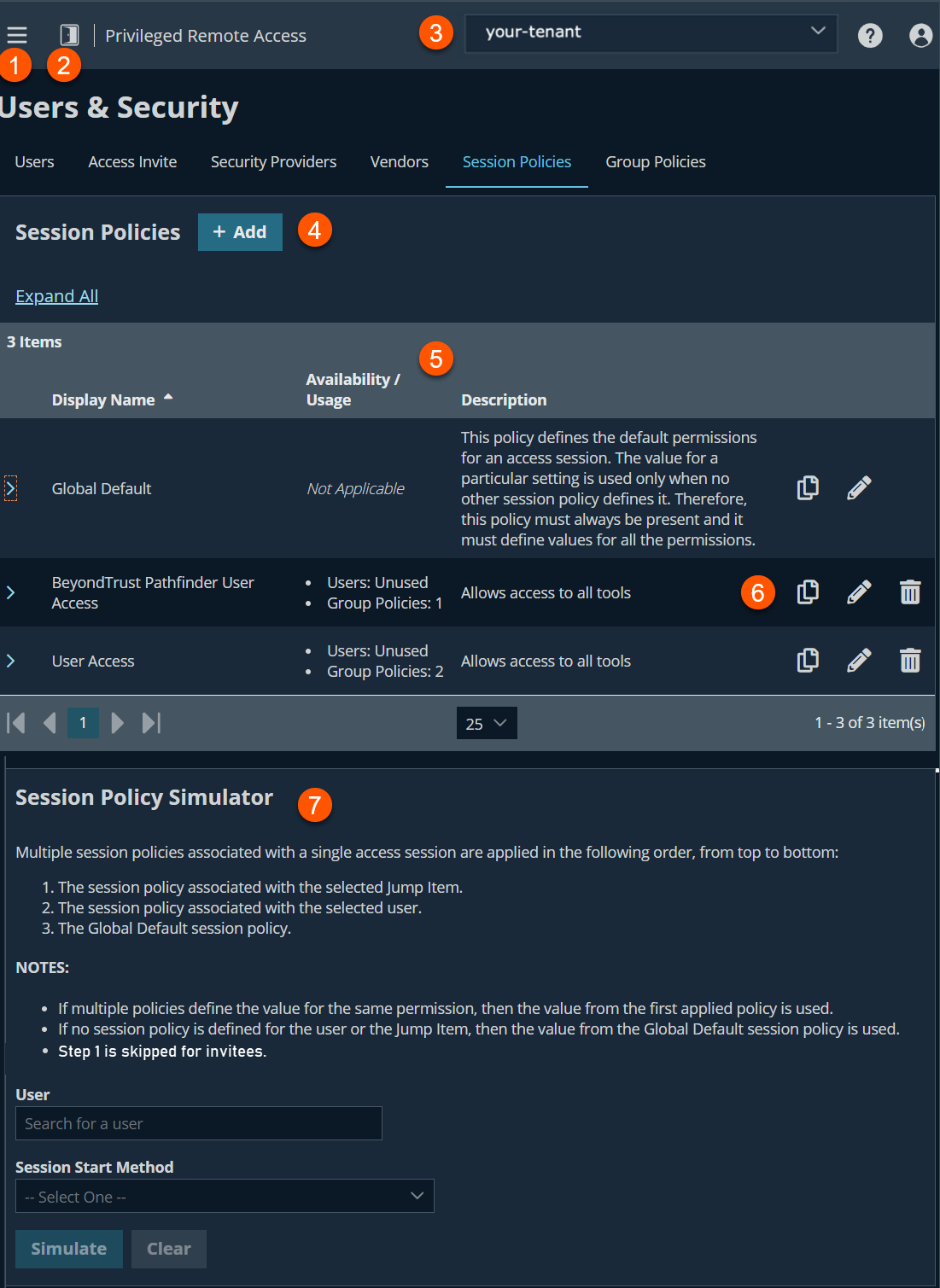 An image of BeyondTrust Privileged Remote Access interface showing the 'Users & Security' page with the 'Session Policies' tab selected. The page includes a '+ Add' button and a table listing session policies with columns for Display Name, Availability/Usage, and Description. Listed policies include 'Global Default,' 'BeyondTrust Pathfinder User Access,' and 'User Access,' each with icons for editing, copying, and deleting. A 'Session Policy Simulator' section at the bottom explains how policies are applied in order and includes fields to search for a user and select a session start method.
