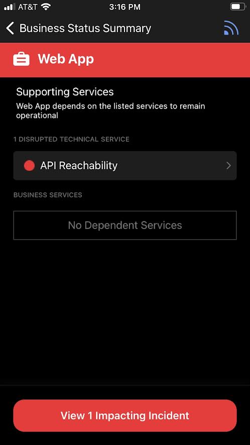 A screenshot of the PagerDuty mobile app giving an overview of a disrupted technical service