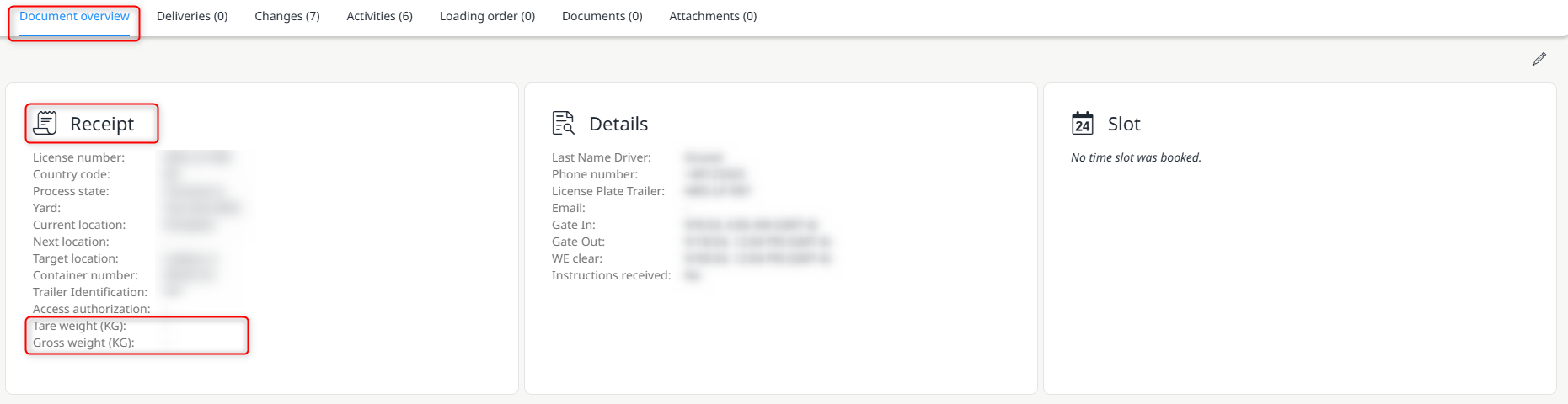 Display of the tare and gross weight within the document