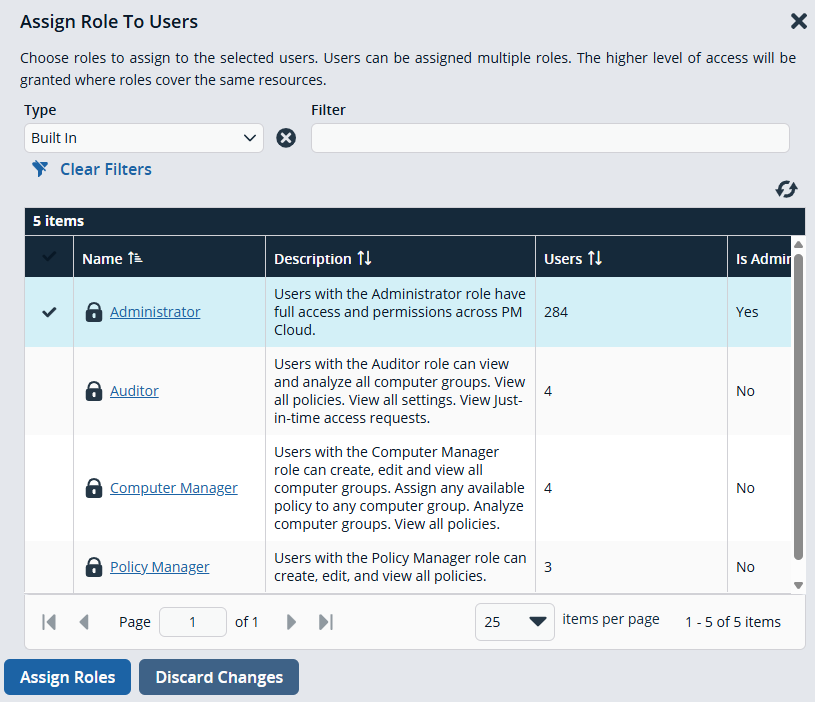 Assign roles to user panel