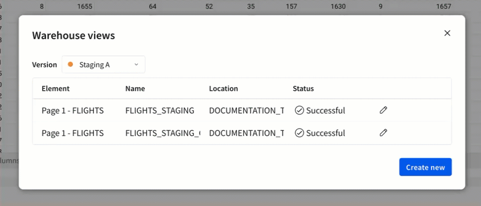 A modal shows various warehouse views for a document. A user opens the version dropdown, changing versions to view the warehouse views for those versions.