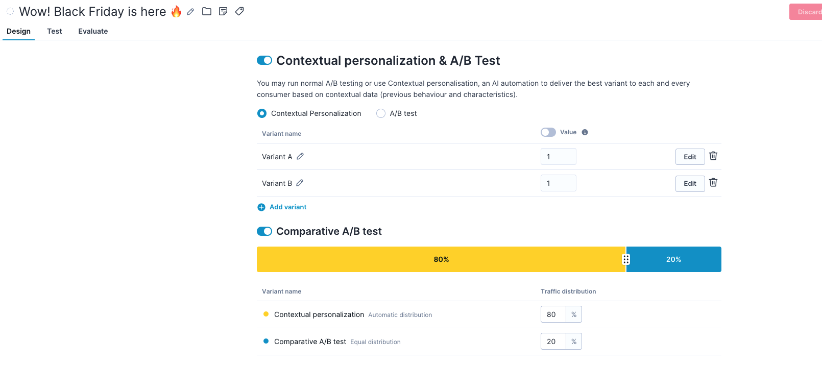 Contextual personalization and A/B test section showing Contextual personalization selected, Value toggle, and Comparative A/B test enabled with 80/20 traffic distribution.