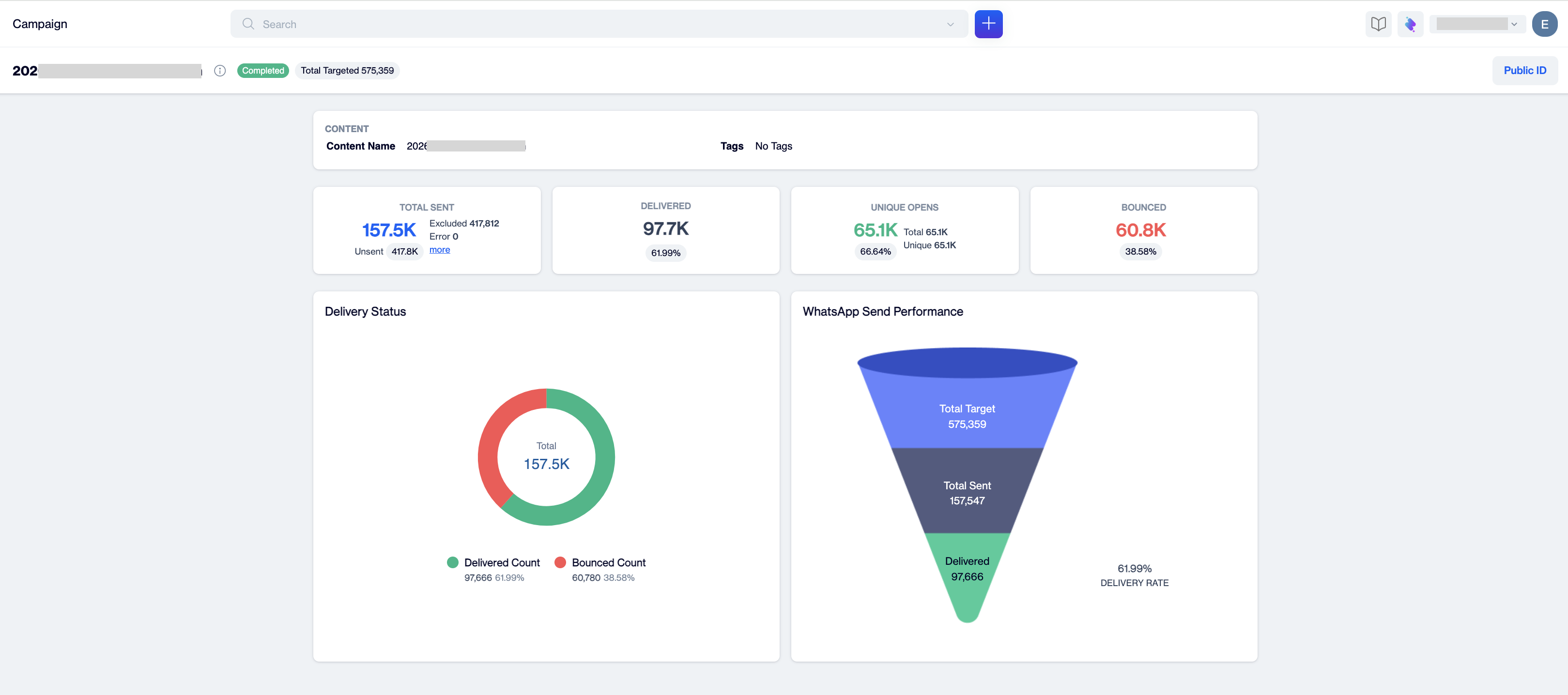 WhatsApp Detailed Report in dEngage, showing the content card, the Total Sent, Delivered, Unique Opens, and Bounced cards, the Delivery Status donut chart, and the WhatsApp Send Performance funnel with the delivery rate.