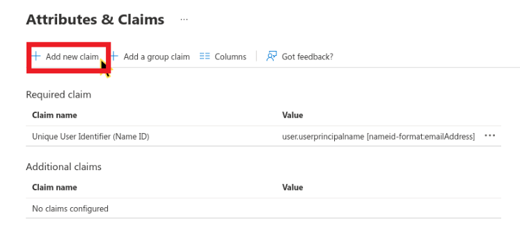 Attributes and Claims page with Add new claim button highlighted.