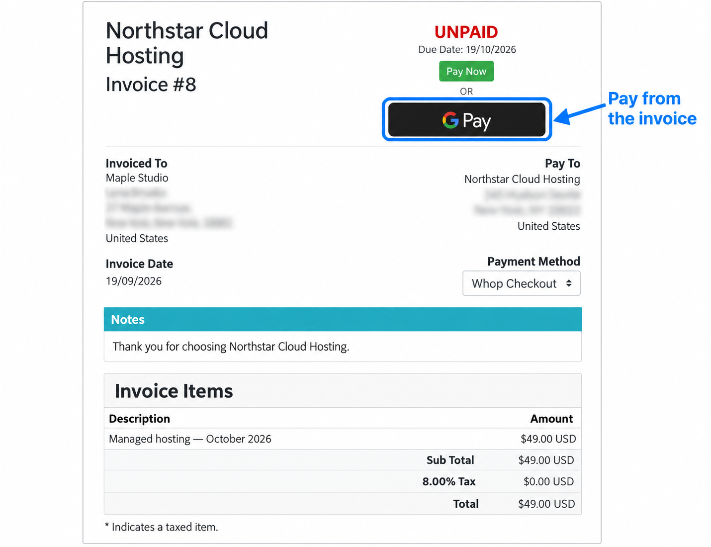 Google Pay beneath Pay Now on an invoice