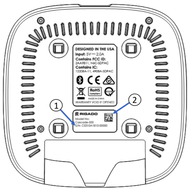 The rear of a Cascade 500 Gateway, showing ethernet port, button, USB port and barrel jack port