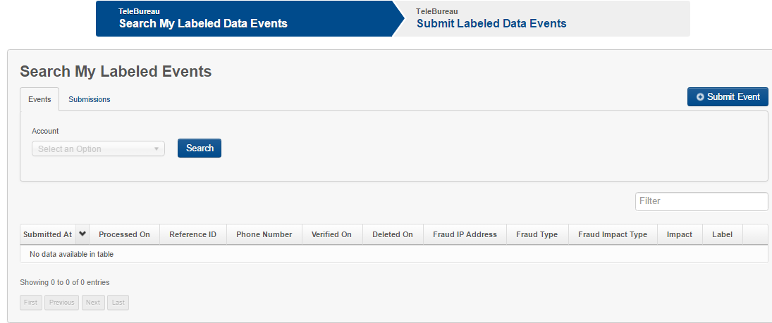 A screenshot of the Search My Labeled Data Events screen.