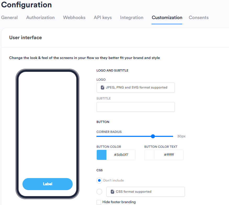 Configuration page, Customization tab, User interface section. Settings include Logo and Subtitle, Button, and CSS. A phone mockup shows a preview.