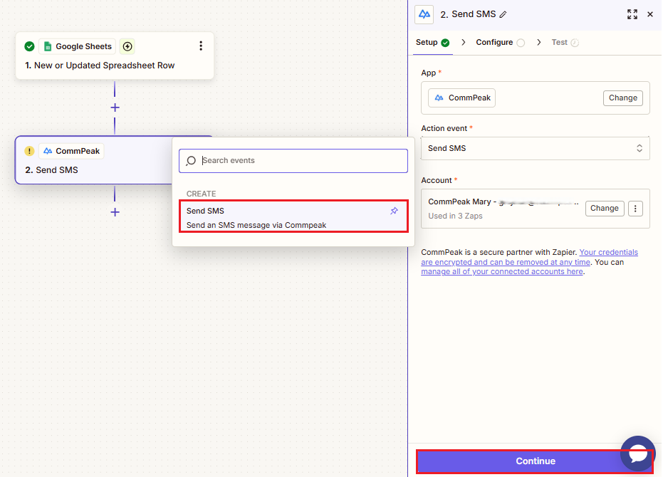 Screenshot of the Send SMS event selection